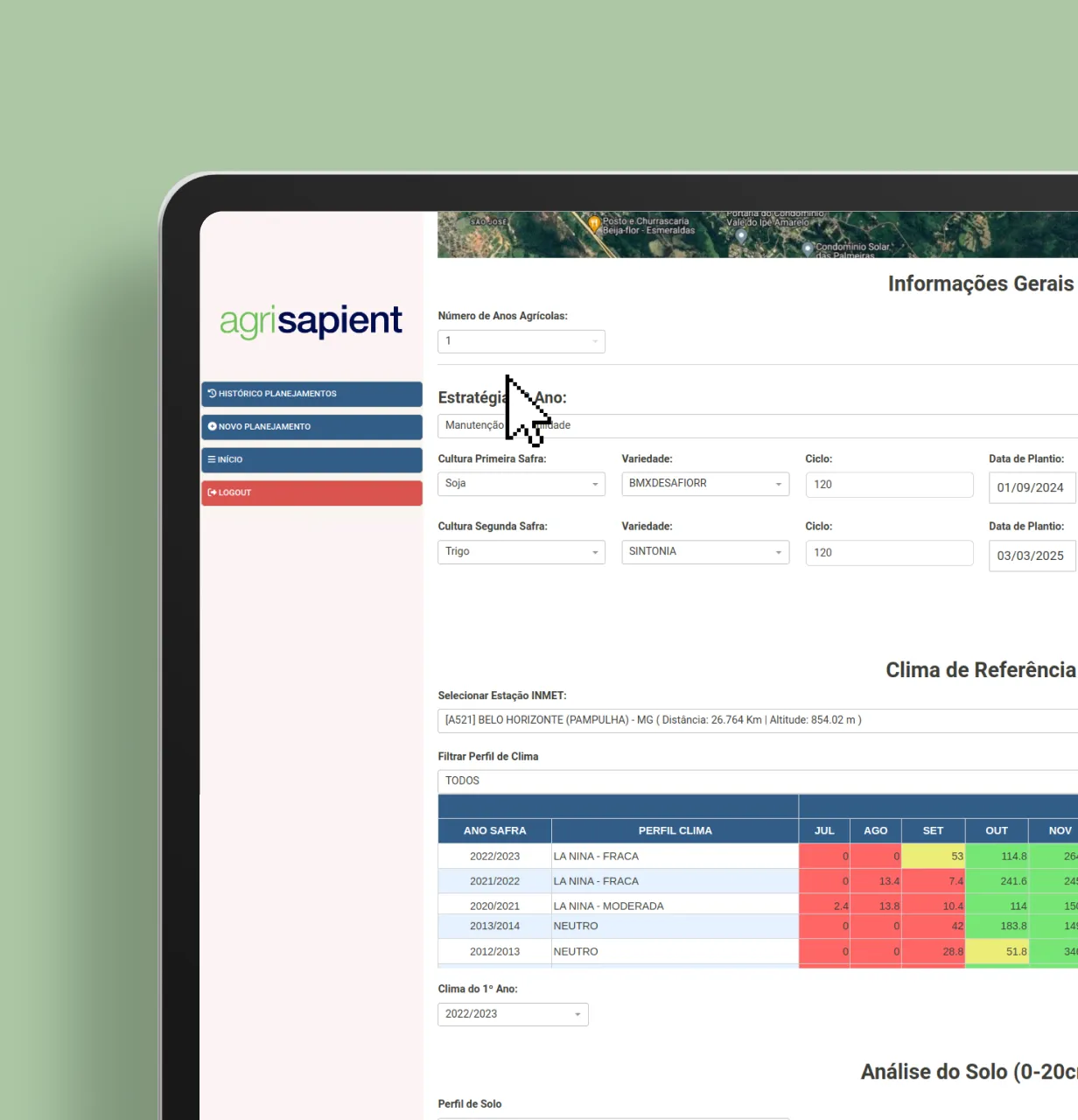 Preenchimento dos dados no planejamento da safra no Agrisapient.