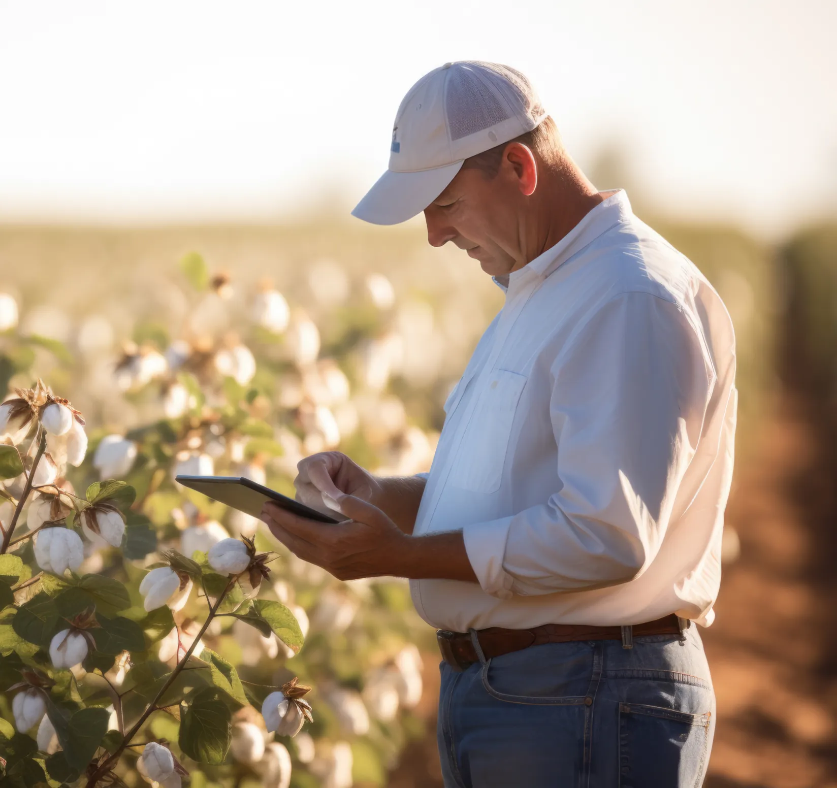 Agricultor em meio a plantação de algodão, usando tablet.