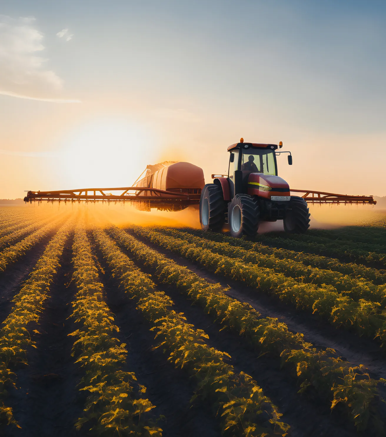 Foto de trator aplicando insumos sobre plantação de grãos.