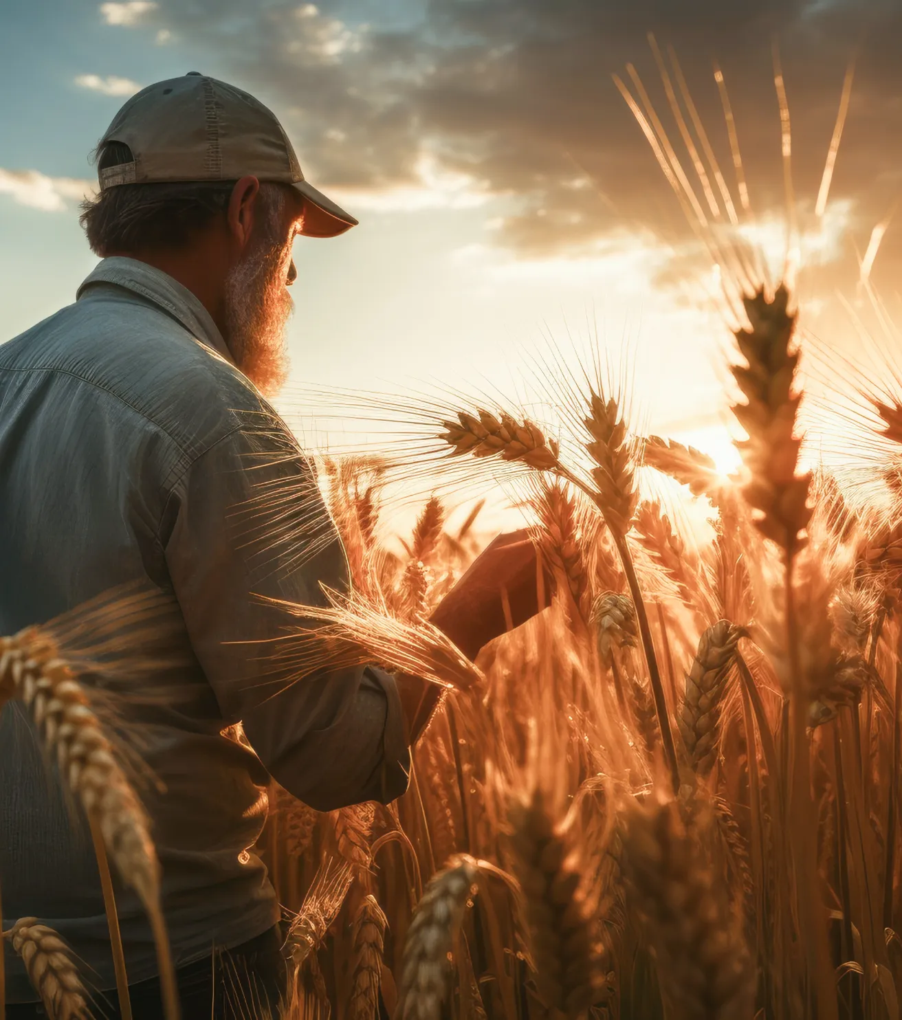 Produtor em meio a platanção de trigo, com olhar esperançoso.