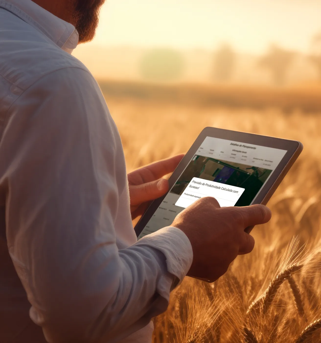 Produtor verificando previsão de produtividade em seu tablet em meio a plantação de trigo.