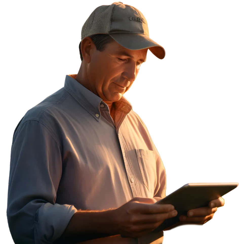 Agricultor em meio a plantação de soja usando tablet. Sobre a plantação são exibidos dados sobre a lavoura.